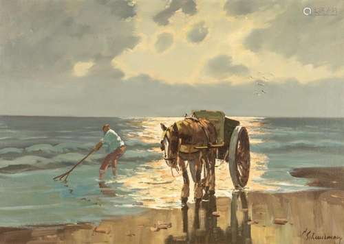 Simon Schuurman, Dutch , Kelp Gatherer, oil on canvas, 19 3/...