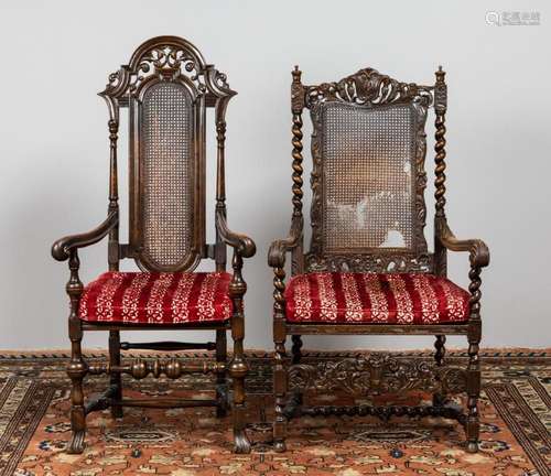 Two Carolean style oak caned back armchairs. (2)