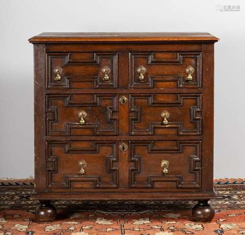 An oak William and Mary style chest of three drawers, 36 x 3...