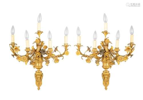 A pair of five branch gilt metal wall lights, 21 in. (53.3 c...