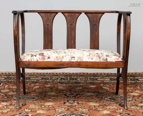 An Edwardian bench with floral seat. 33 1/4 x 22 1/4 x 39 1/...