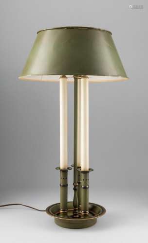 A green three branch candle table lamp. 26 x 13 in. (66 x 33...