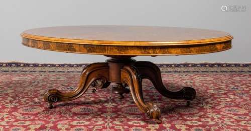 A burl walnut oval loo table, 20 x 43 x 57 in. (50.8 x 109.2...