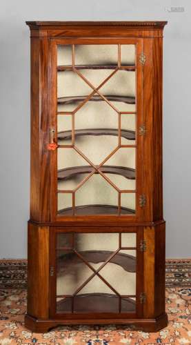 An astragal glazed mahogany corner cabinet. 39 x 18 x 91 in....