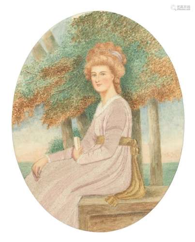 A Regency silkwork and painted portrait of a lady. 9 1/4 x 7...