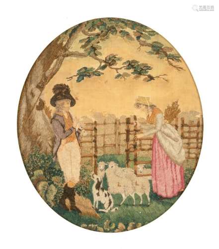 A Regency period embroidered and painted scene, 16 1/2 x 14 ...