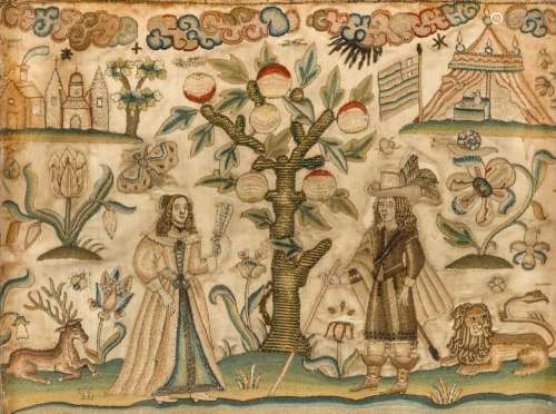 A 17th century English embroidered stump work picture, 9 x 1...