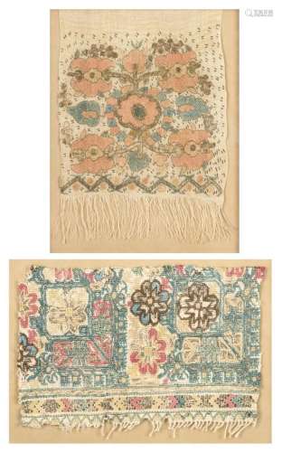 Two 17th century stitched wool and metallic fragments with f...