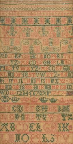 A good English sampler in a green and pink thread, 16 1/4 x ...