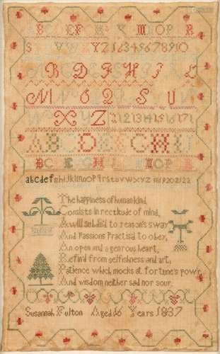 Susannah Fulton, aged 16, a colorful sampler, 17 1/2 x 10 3/...