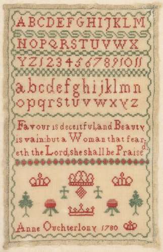 A Swedish sampler dated 1780 by Anne Ouchserlony, 8 1/4 x 5 ...