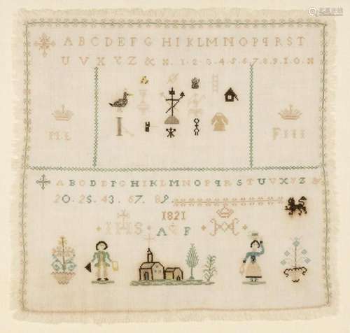 An Italian sampler by A.F. 1821, 13 x 13 in. (33 x 33 cm.)