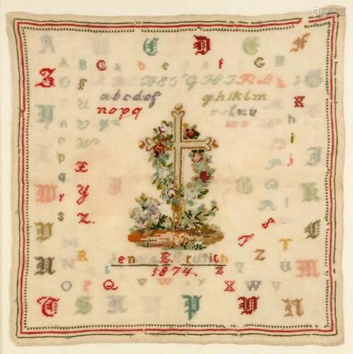 An American sampler by Jennie Griffith 1874, 16 1/2 x 16 in....