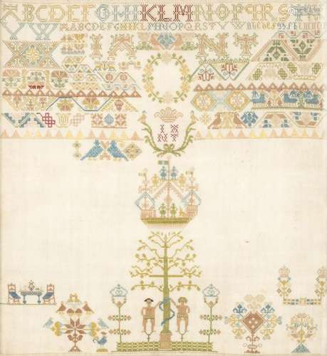 A finely stitched and colorful German sampler, 14 3/4 x 13 1...