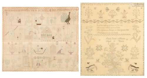 Two framed silk work samplers, 17 1/2 x 21 in. (44.5 x 53.3 ...