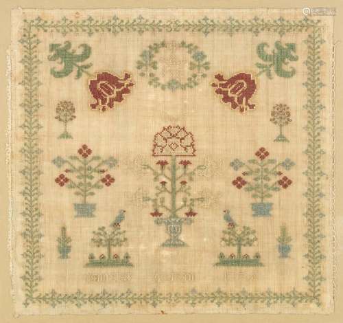 A Dutch sampler embroidered, 16 x 17 in. (40.6 x 43.2 cm.)