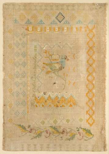 A sampler dated 1821, 21 1/2 x 15 in. (54.6 x 38.1 cm.)