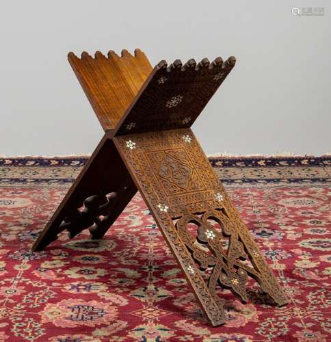 A hardwood and bone inlaid Koran stand. 22 3/4 in. (57.8 cm....