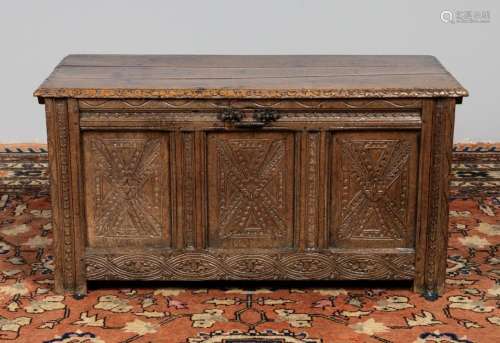 An 18th century English oak three panelled coffer. 41 x 19 1...