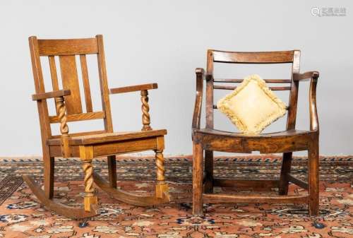 A child\'s oak and cane rocker and a low oak armchair. (2)
