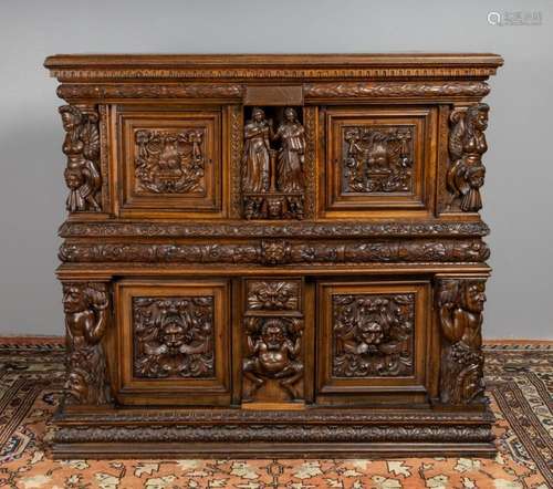 A 19th century oak heavily carved Germanic court cupboard, 5...