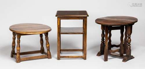 Two oak low fall flap tables together with a rectangular two...