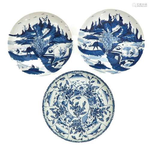 A Collection of 3 Blue and White Plates