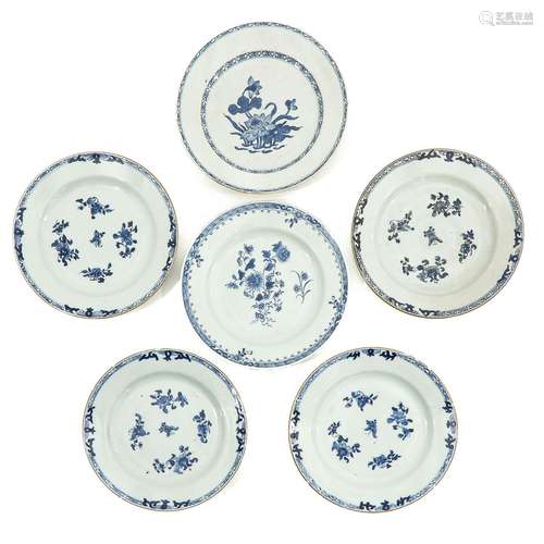 A Collection of 6 Blue and White Plates