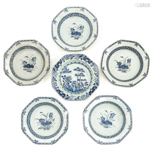 A Collection of 6 Blue and White Plates