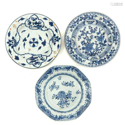 A Collection of 3 Blue and White Plates