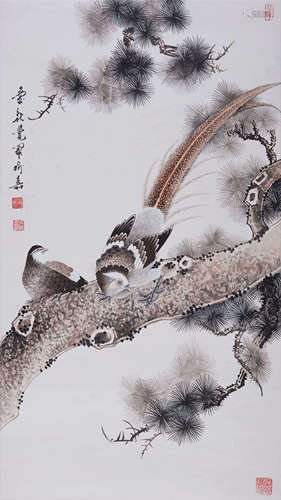 瑜嘉(b.1940) 松山雉鸡  设色纸本 立轴