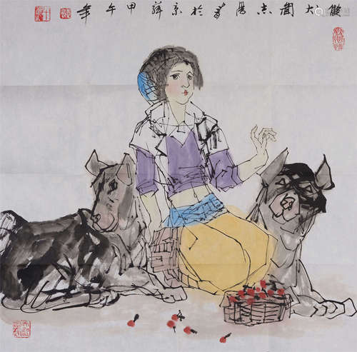 于志学(b.1935) 双犬图 2014年作 设色纸本 镜心