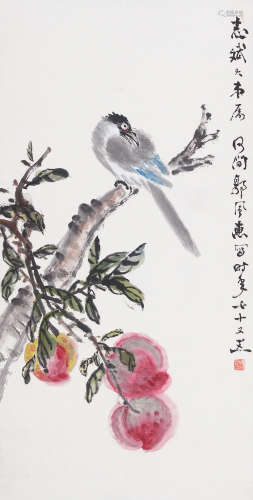 郭风惠（1898-1973） 报喜献寿 设色纸本 镜心