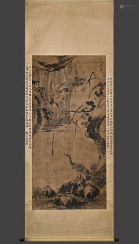 清代 八大山人精品老紙綾裱立軸；原裱；鄧爾疋，梅蘭芳等名人書法提...