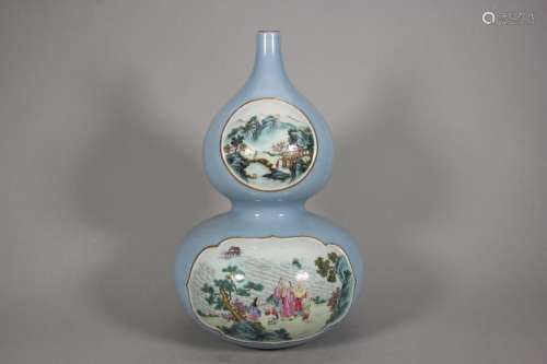 Azure Glazed Window Gourd Vase with Characters and Stories
