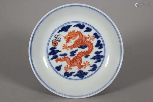 Blue and white alum red dragon plate