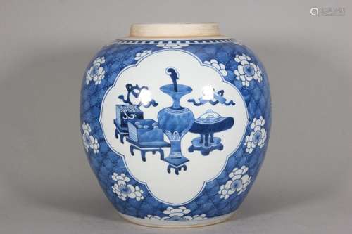 Blue and White Bingmei Bogu Picture Jar with Open Window