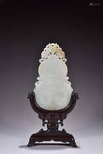 Hetian white jade carved auspicious gourd-shaped insert scre...