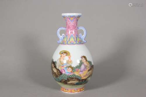 Enamel-colored western figure jade pot and spring vase with ...