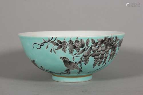 Daya Zhai Bowl with Ink Color Flower and Bird Pattern on Blu...