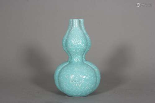 Three-tube gourd bottle with turquoise green glaze and white...