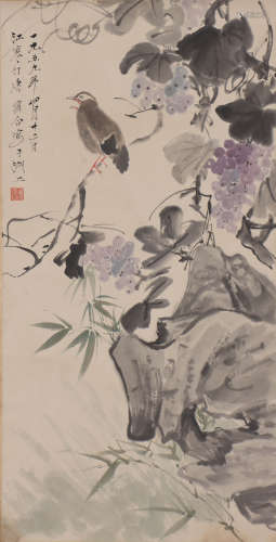唐云（1910-1993）、江寒汀（1903-1963） 葡萄小鸟