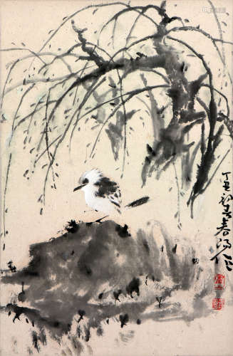 霍春阳(b.1946)柳荫栖禽
