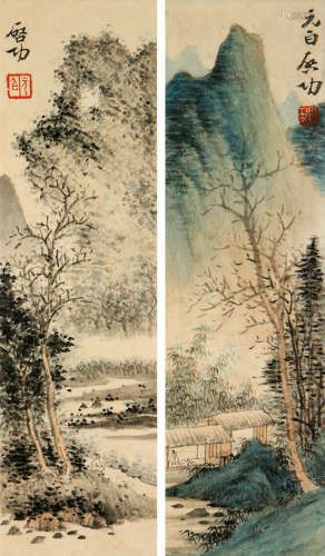 启功(1912-2005)山水对屏