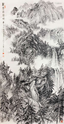 1917～2010 张仃 1990年作 藏寨瀑声喧 纸本水墨 立轴