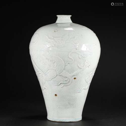 White Glaze Dark Carved Dragon Prunus Vase