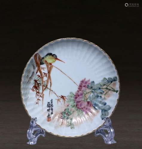 Light fall color flower and bird melon edge plate