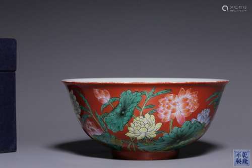 Enamel colored red ground lotus bowl with lotus pattern