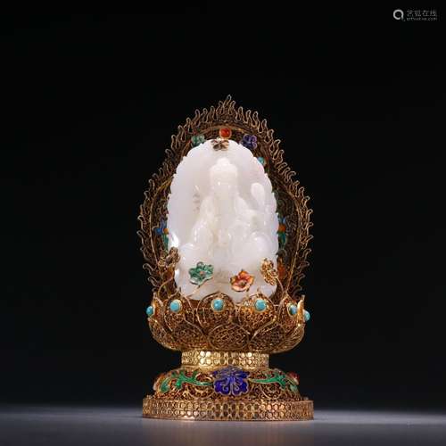 Silver Gilt Inlaid Hetian Jade Guanyin Ornament