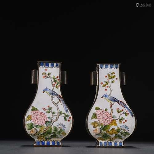 Pair of copper vases with enamel flower and bird patterns